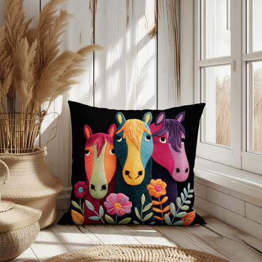 Boho Horse Throw Pillow with Colorful Floral Art