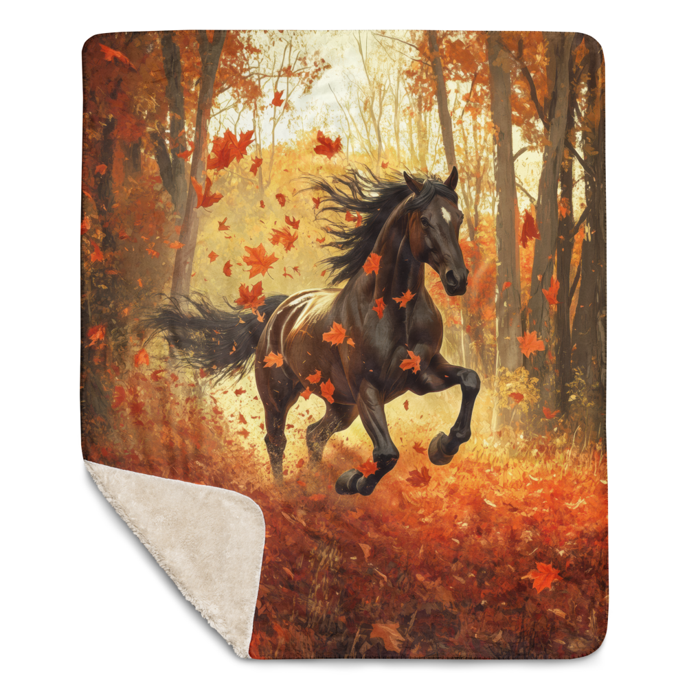 Blanket Black Horse Galloping - Autumn foliage colors