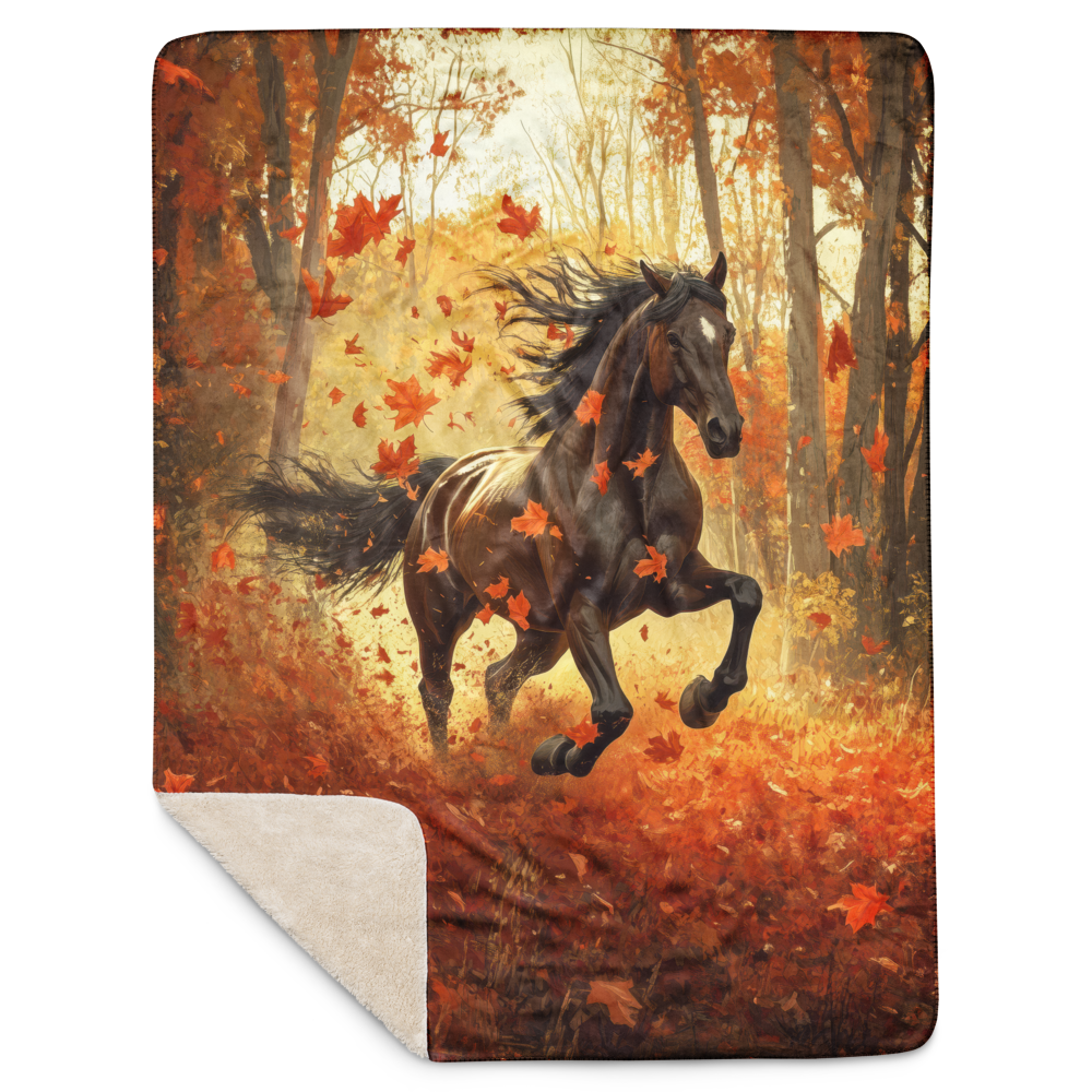 Blanket Black Horse Galloping - Autumn foliage colors
