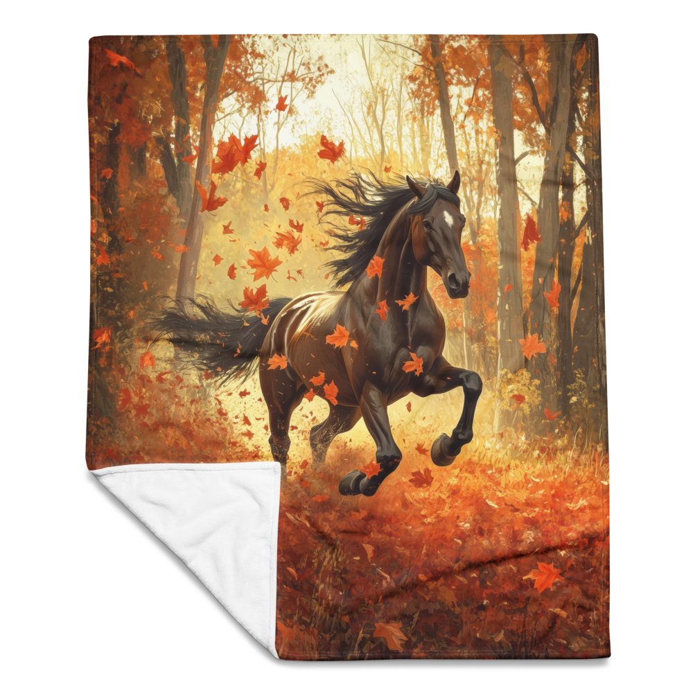 Blanket Black Horse Galloping - Autumn foliage colors