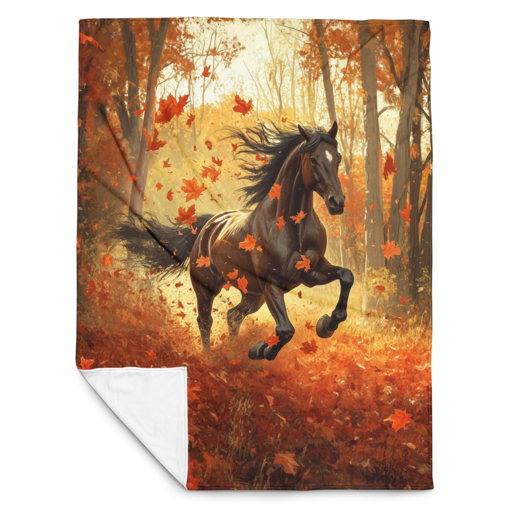 Blanket Black Horse Galloping - Autumn foliage colors