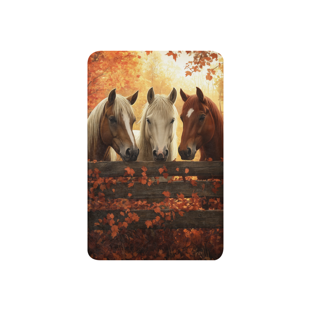 Blanket showcasing three elegant horses standing behind a rustic wooden fence
