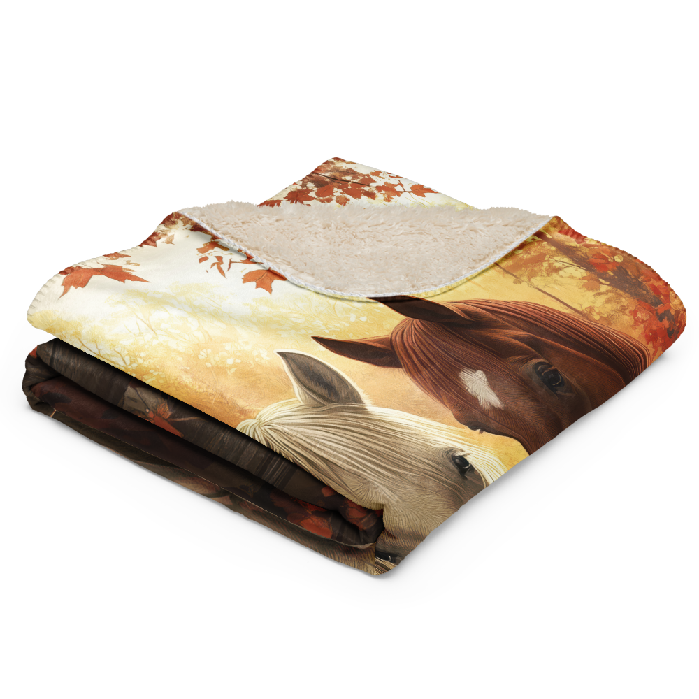 Blanket showcasing three elegant horses standing behind a rustic wooden fence