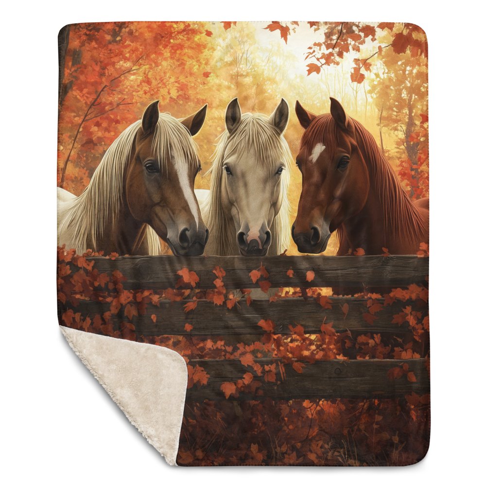Blanket showcasing three elegant horses standing behind a rustic wooden fence