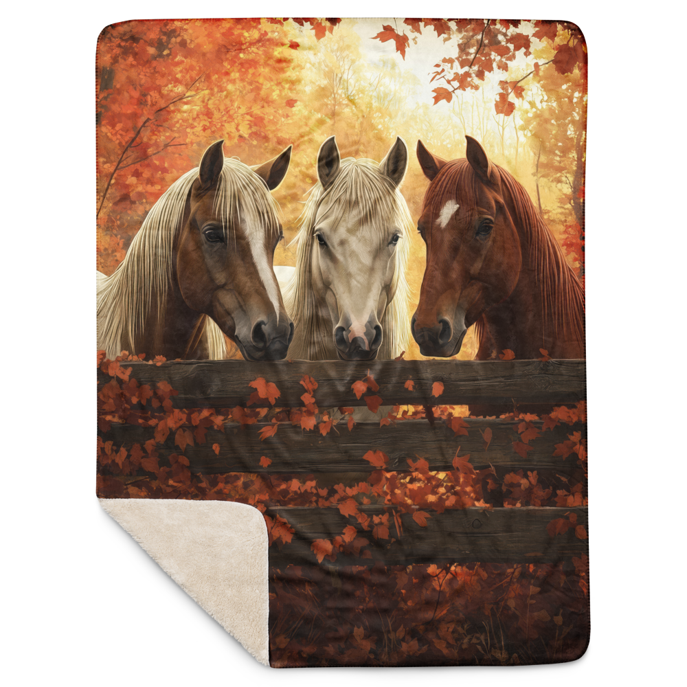 Blanket showcasing three elegant horses standing behind a rustic wooden fence