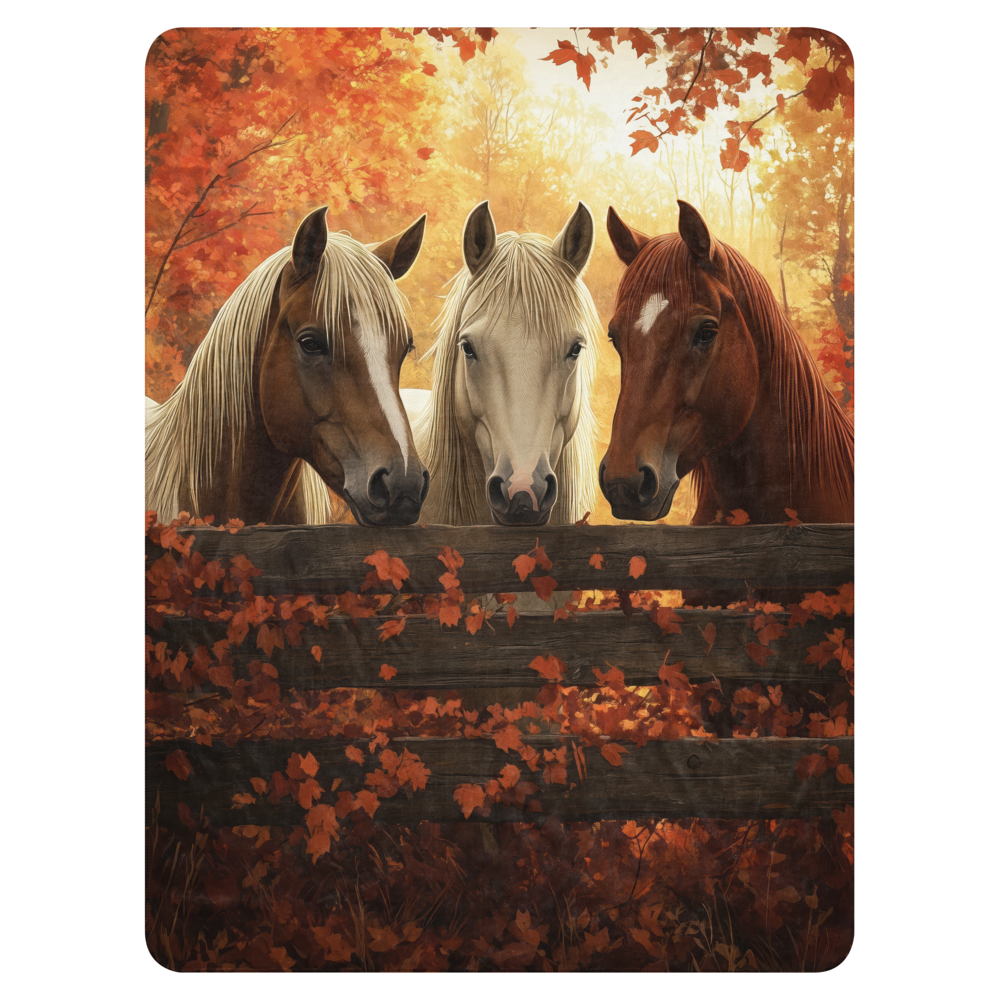 Blanket showcasing three elegant horses standing behind a rustic wooden fence