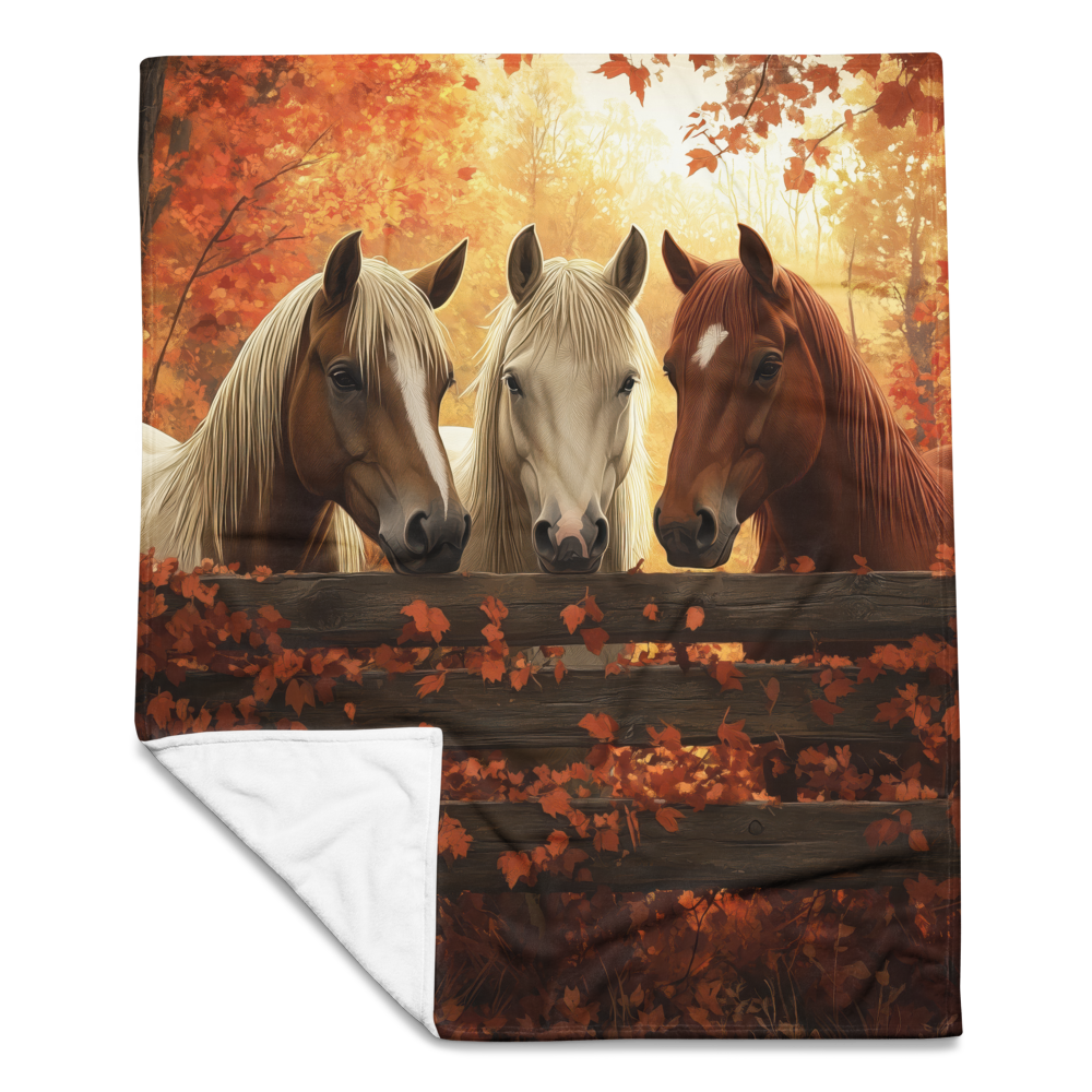 Blanket showcasing three elegant horses standing behind a rustic wooden fence