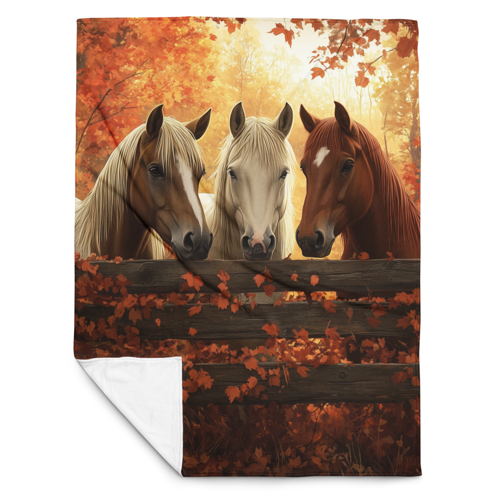 Blanket showcasing three elegant horses standing behind a rustic wooden fence