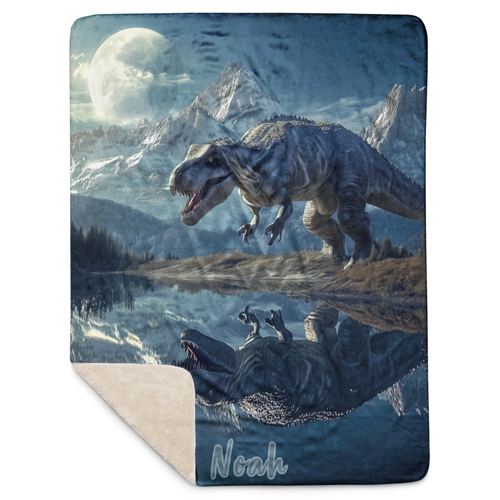Personalized Throw Blanket - TRex Dinosaur illustration in Fantasy Mountain lake