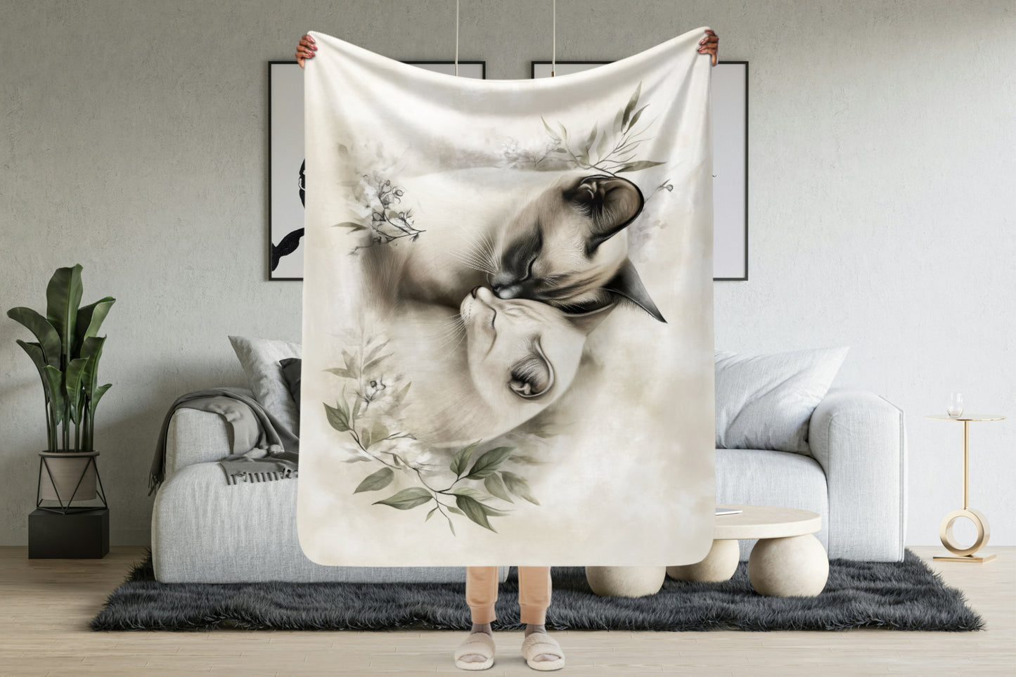 Blanket - Two Siamese cats in love | Sherpa & Throw Blanket for Cat Art Lovers