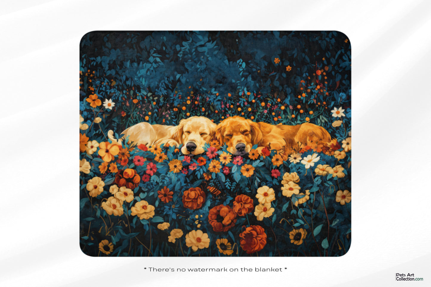 Golden Retrievers Cuddling amidst a field of Flowers | Throw Blanket - Sherpa Blanket | Dog Art