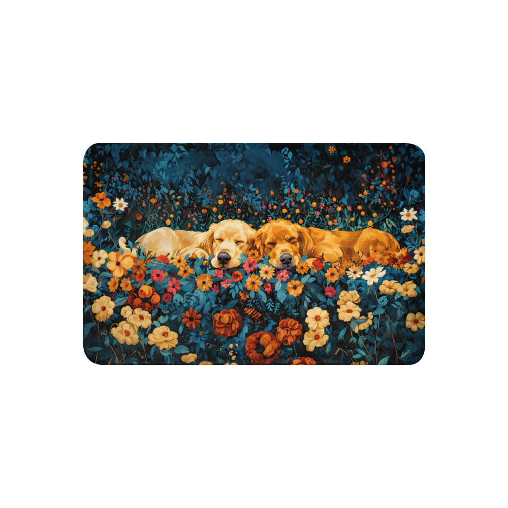 Golden Retrievers Cuddling amidst a field of Flowers | Throw Blanket - Sherpa Blanket | Dog Art