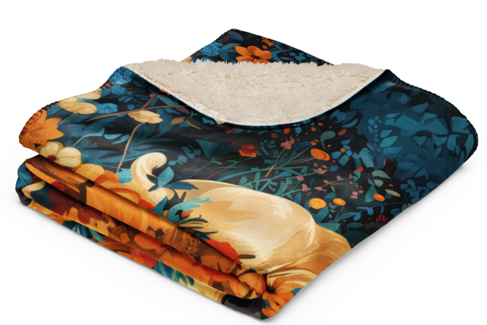 Golden Retrievers Cuddling amidst a field of Flowers | Throw Blanket - Sherpa Blanket | Dog Art