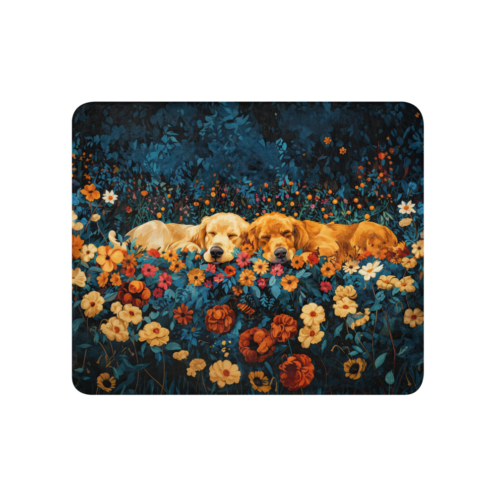 Golden Retrievers Cuddling amidst a field of Flowers | Throw Blanket - Sherpa Blanket | Dog Art