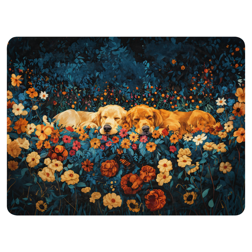 Golden Retrievers Cuddling amidst a field of Flowers | Throw Blanket - Sherpa Blanket | Dog Art