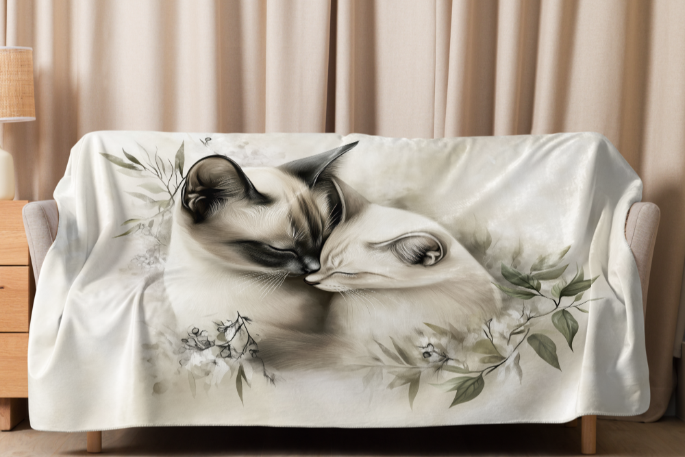Blanket - Two Siamese cats in love | Sherpa & Throw Blanket for Cat Art Lovers
