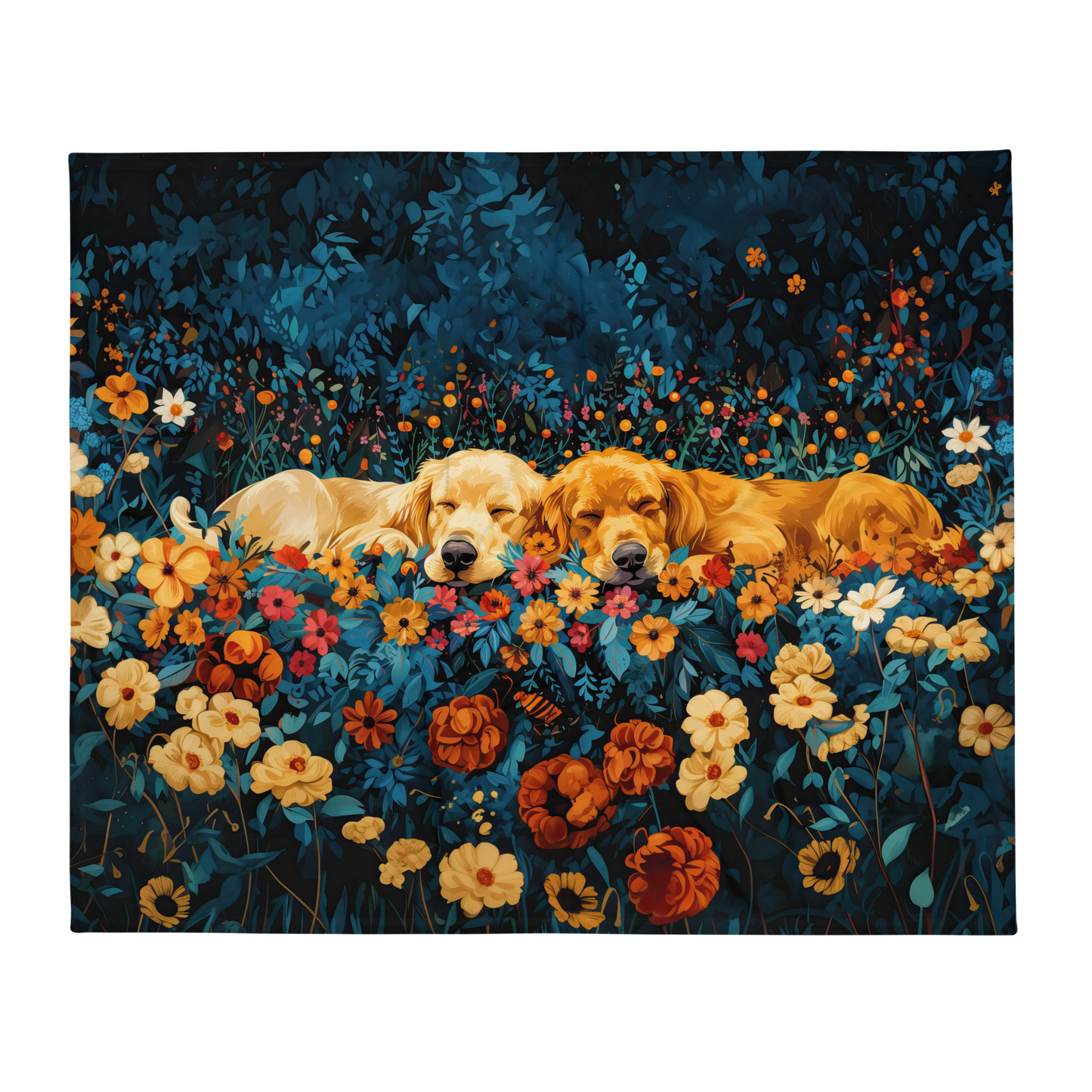 Golden Retrievers Cuddling amidst a field of Flowers | Throw Blanket - Sherpa Blanket | Dog Art