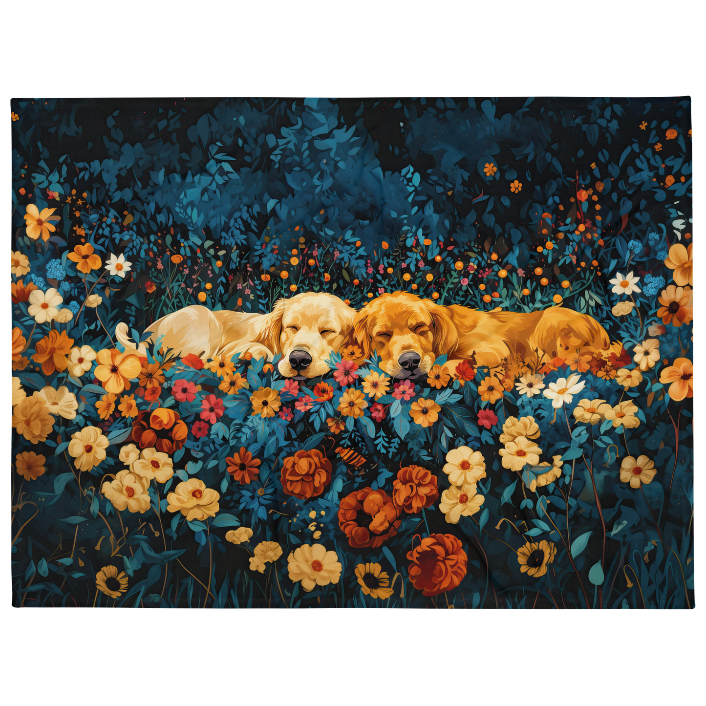 Golden Retrievers Cuddling amidst a field of Flowers | Throw Blanket - Sherpa Blanket | Dog Art