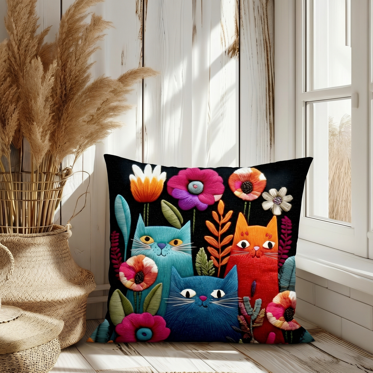 Colorful Cat Throw Pillow with Flowers | Boho Cat Decor