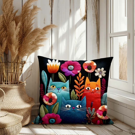 Colorful Cat Throw Pillow with Flowers | Boho Cat Decor