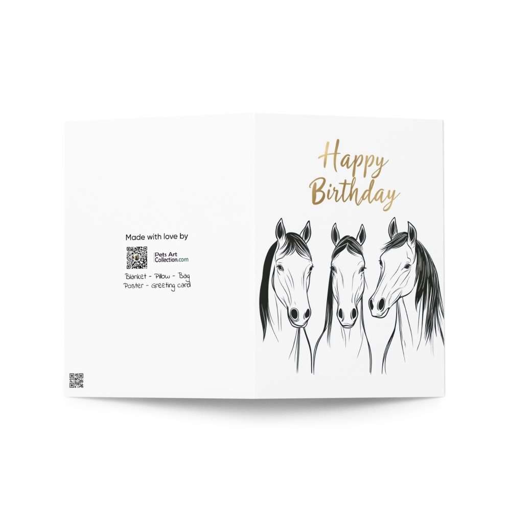 Birthday Card - Minimalist line art of three horses - Blank or Custom text inside - For Horse Lovers, Equestrians, Men, Women, or Kids