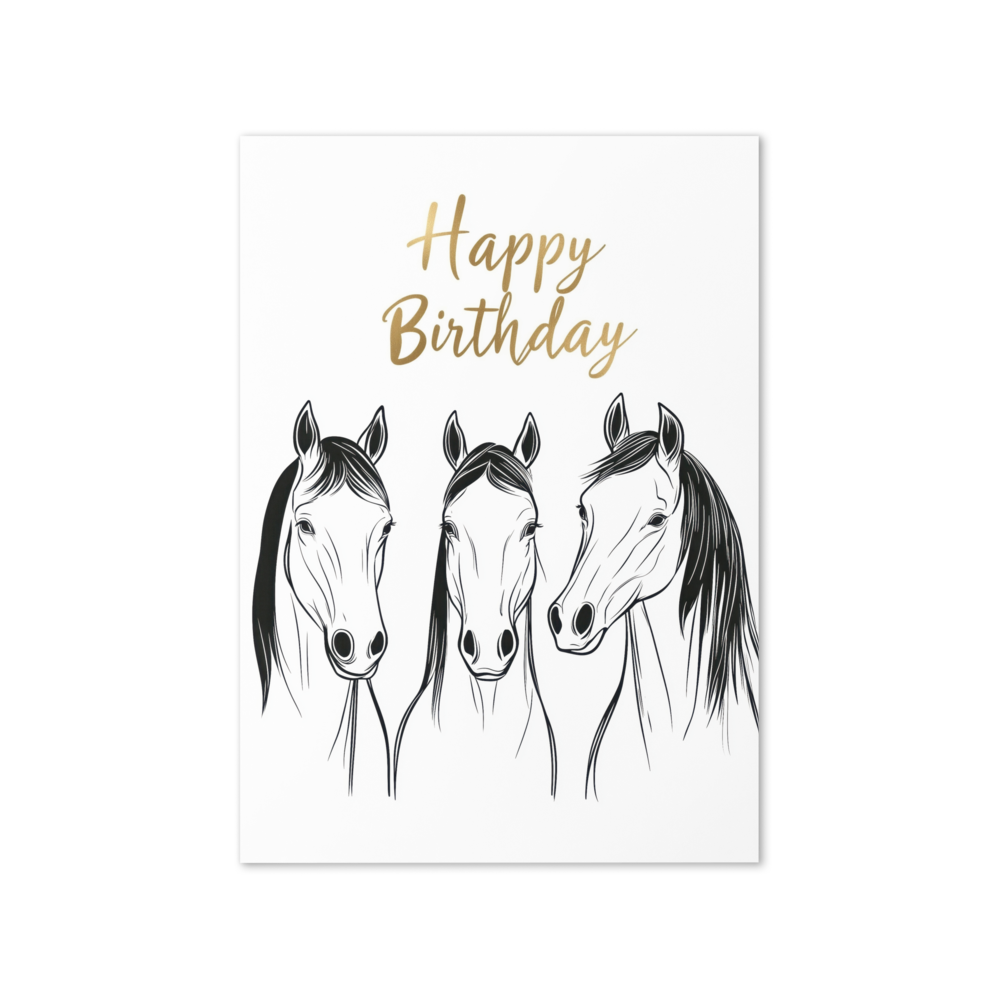 Birthday Card - Minimalist line art of three horses - Blank or Custom text inside - For Horse Lovers, Equestrians, Men, Women, or Kids