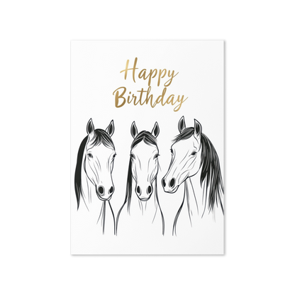 Birthday Card - Minimalist line art of three horses - Blank or Custom text inside - For Horse Lovers, Equestrians, Men, Women, or Kids