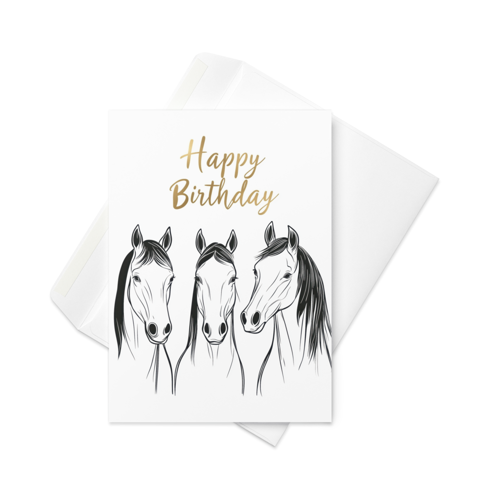 Birthday Card - Minimalist line art of three horses - Blank or Custom text inside - For Horse Lovers, Equestrians, Men, Women, or Kids