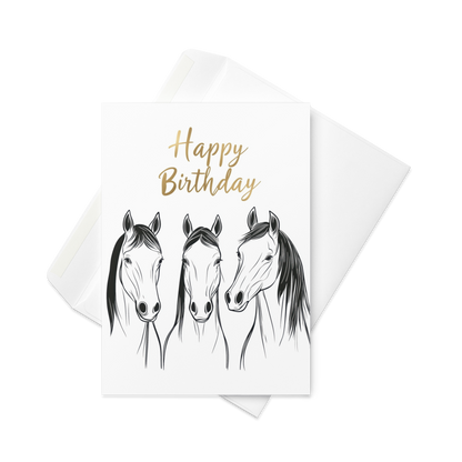 Birthday Card - Minimalist line art of three horses - Blank or Custom text inside - For Horse Lovers, Equestrians, Men, Women, or Kids