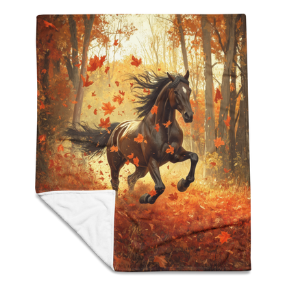 Blanket Black Horse Galloping - Autumn foliage colors