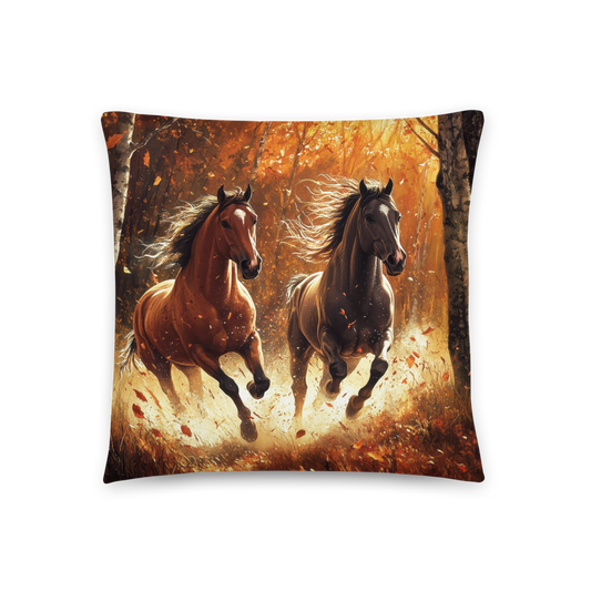 Throw Pillow - Two Galloping Horses - Autumn Forest
