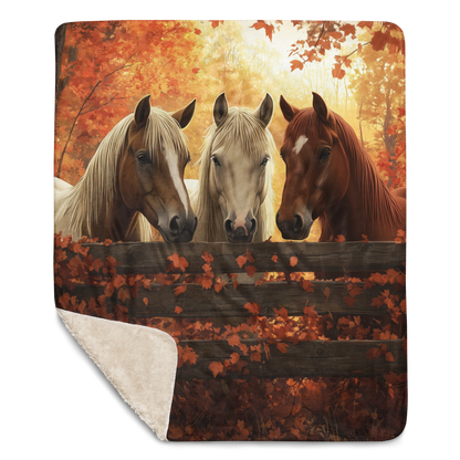 Blanket showcasing three elegant horses standing behind a rustic wooden fence