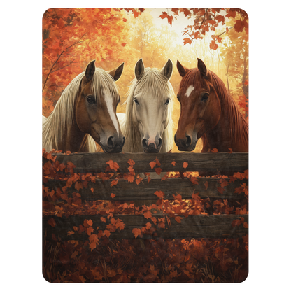 Blanket showcasing three elegant horses standing behind a rustic wooden fence