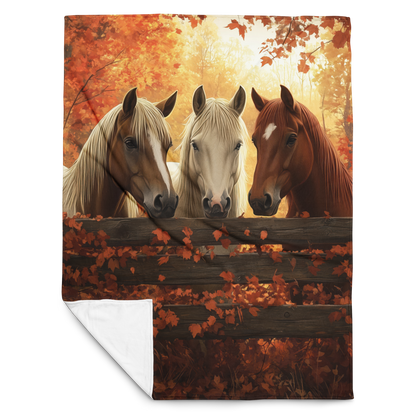 Blanket showcasing three elegant horses standing behind a rustic wooden fence