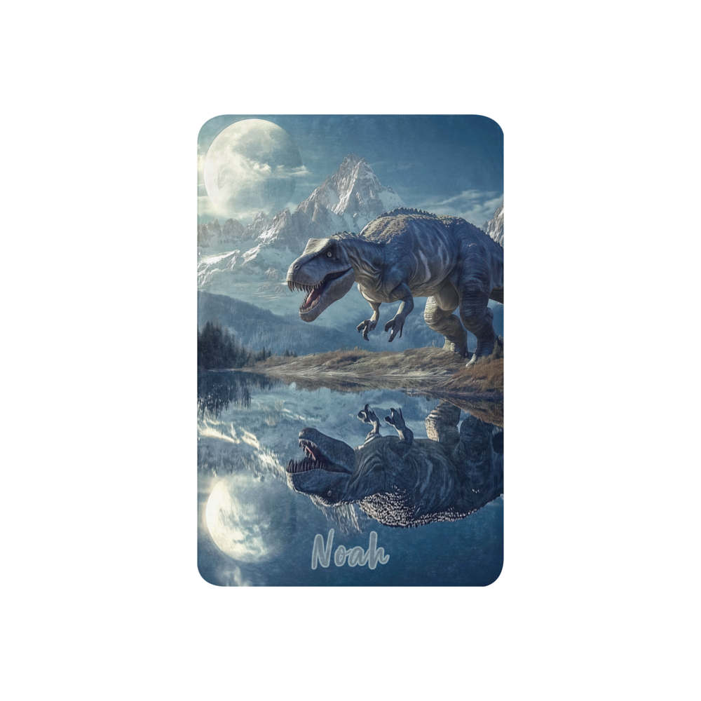 Personalized Throw Blanket - TRex Dinosaur illustration in Fantasy Mountain lake