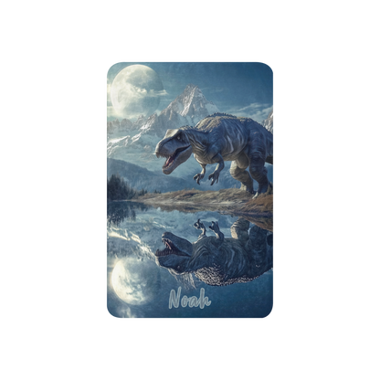 Personalized Throw Blanket - TRex Dinosaur illustration in Fantasy Mountain lake