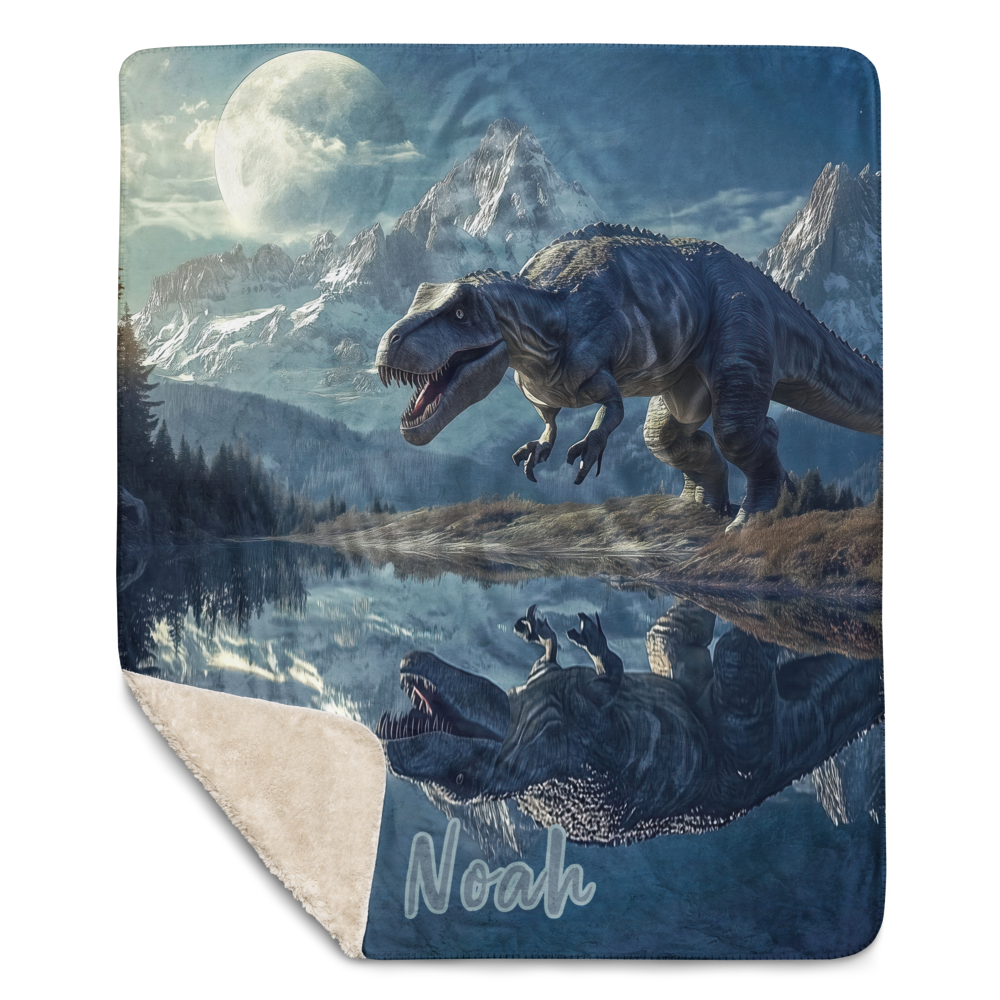 Personalized Throw Blanket - TRex Dinosaur illustration in Fantasy Mountain lake