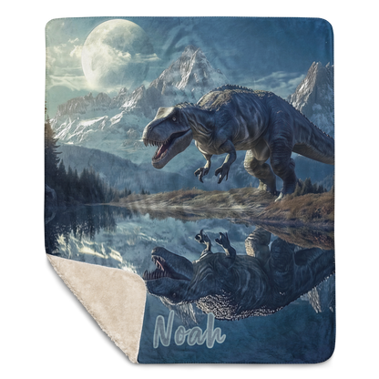 Personalized Throw Blanket - TRex Dinosaur illustration in Fantasy Mountain lake
