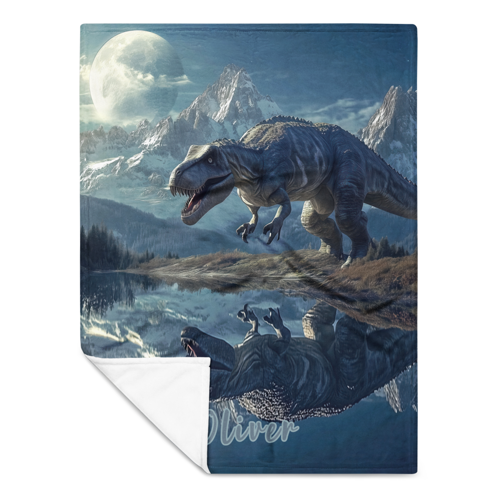 Personalized Throw Blanket - TRex Dinosaur illustration in Fantasy Mountain lake