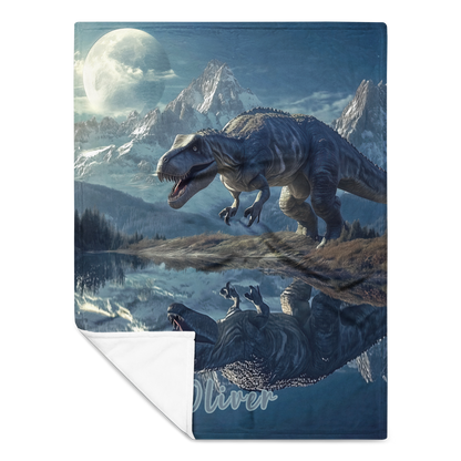 Personalized Throw Blanket - TRex Dinosaur illustration in Fantasy Mountain lake