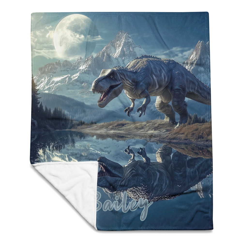 Personalized Throw Blanket - TRex Dinosaur illustration in Fantasy Mountain lake