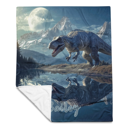 Personalized Throw Blanket - TRex Dinosaur illustration in Fantasy Mountain lake