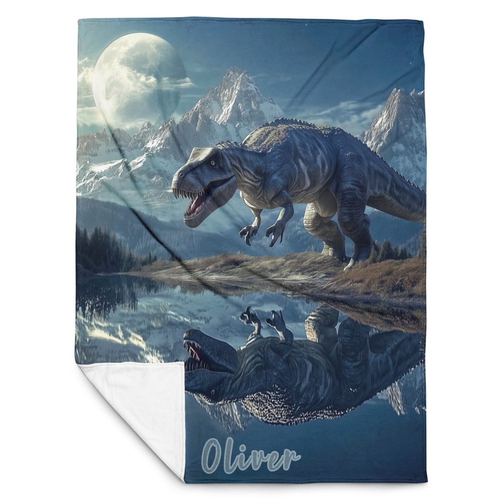 Personalized Throw Blanket - TRex Dinosaur illustration in Fantasy Mountain lake