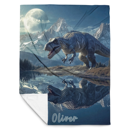 Personalized Throw Blanket - TRex Dinosaur illustration in Fantasy Mountain lake