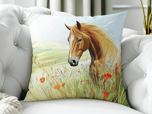 Throw Pillow - Graceful horse in a dreamy meadow landscape