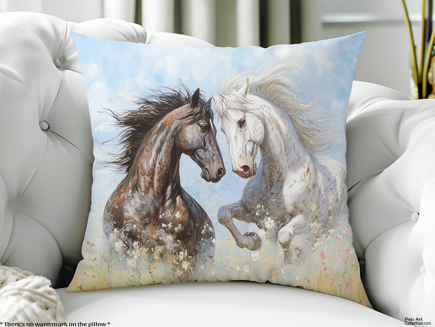 Throw Pillow - Two majestic horses in a soft wildflower meadow