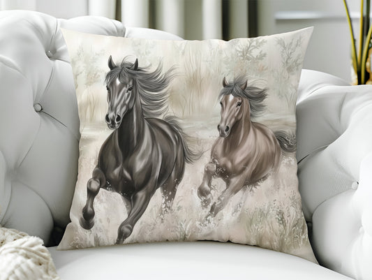 Throw Pillow - Galloping horses - Nature-inspired landscape