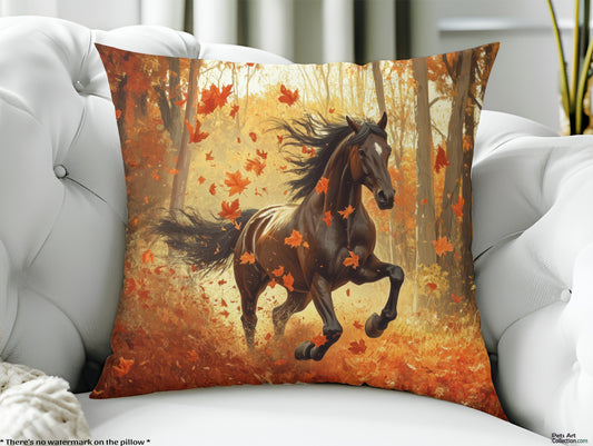 Throw Pillow - Majestic Black Horse - Autumn Forest