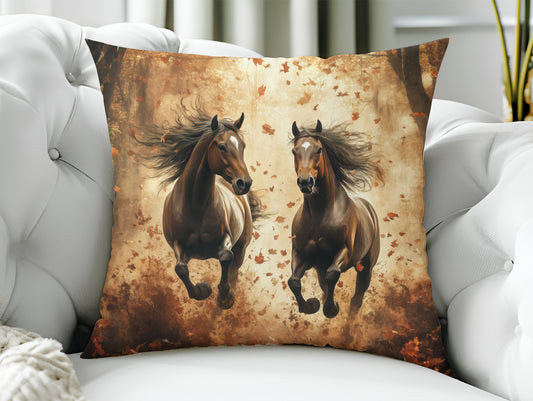 Throw Pillow - Wild Horses Galloping - Autumn Forest