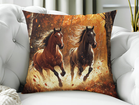 Throw Pillow - Two Galloping Horses - Autumn Forest